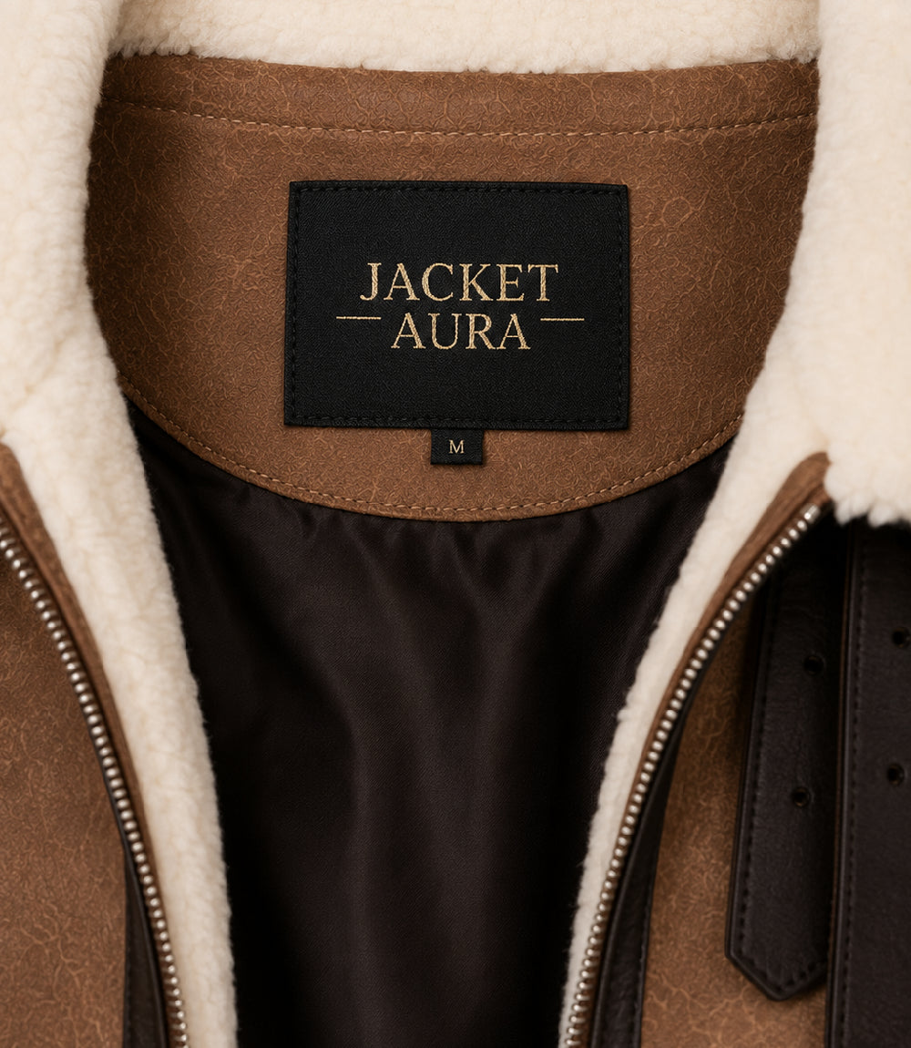 Women's Brown Cropped Shearling Aviator Jacket Collar - Jacket Aura