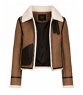 Women's Brown Cropped Shearling Aviator Jacket Front - Jacket Aura