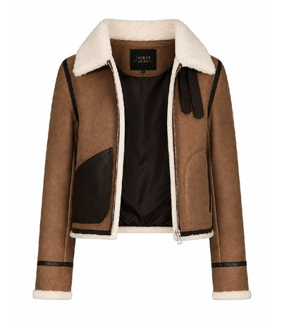 Women's Brown Cropped Shearling Aviator Jacket Front - Jacket Aura