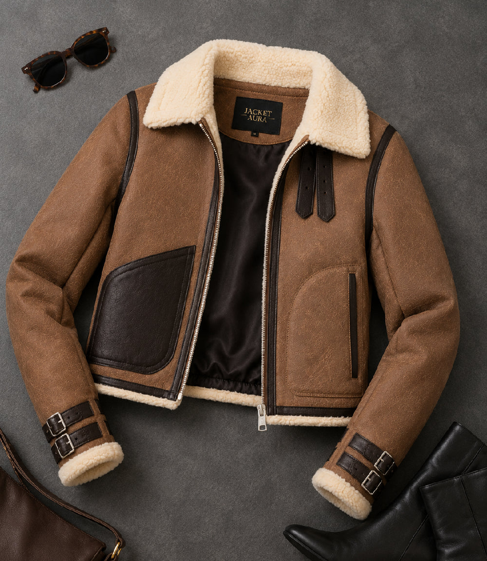 Women's Brown Cropped Shearling Aviator Jacket Front View - Jacket Aura
