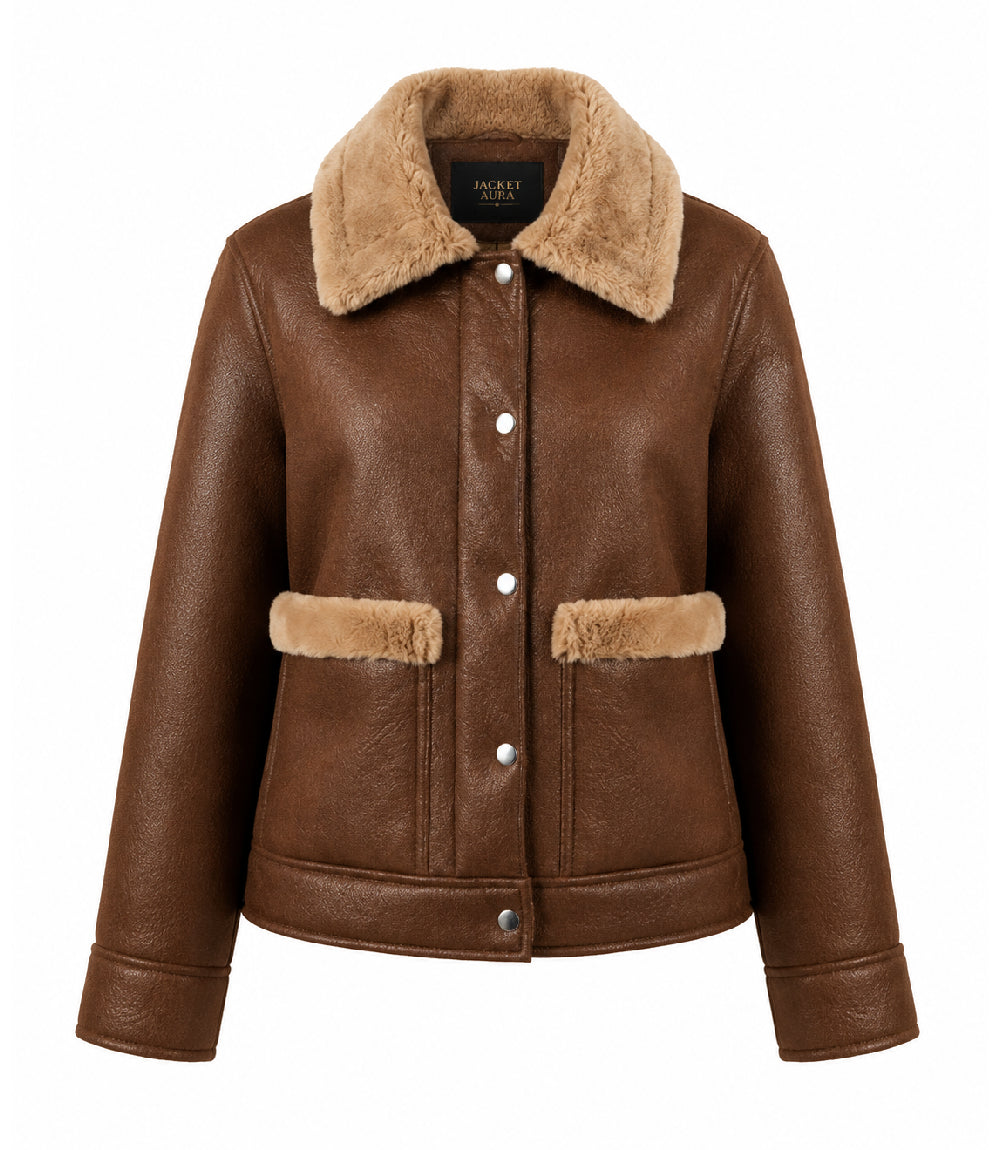 Women's Brown Faux Fur Detail Aviator Jacket - Jacket Aura