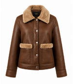 Women's Brown Faux Fur Detail Aviator Jacket - Jacket Aura