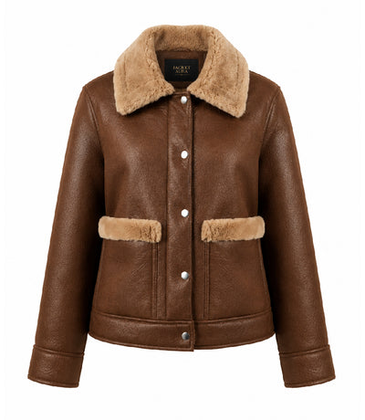 Women's Brown Faux Fur Detail Aviator Jacket - Jacket Aura