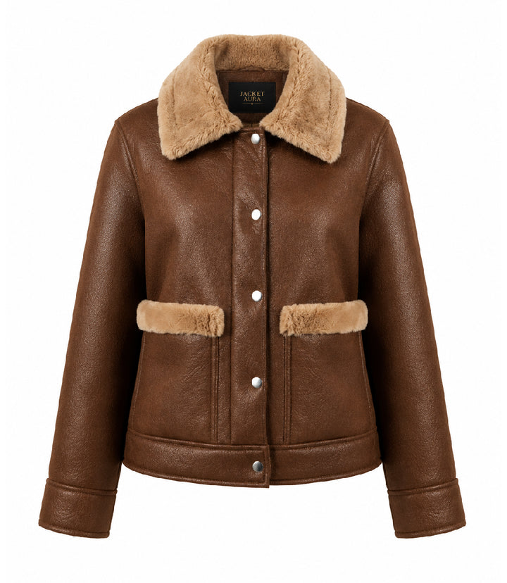 Women's Brown Faux Fur Detail Aviator Jacket - Jacket Aura