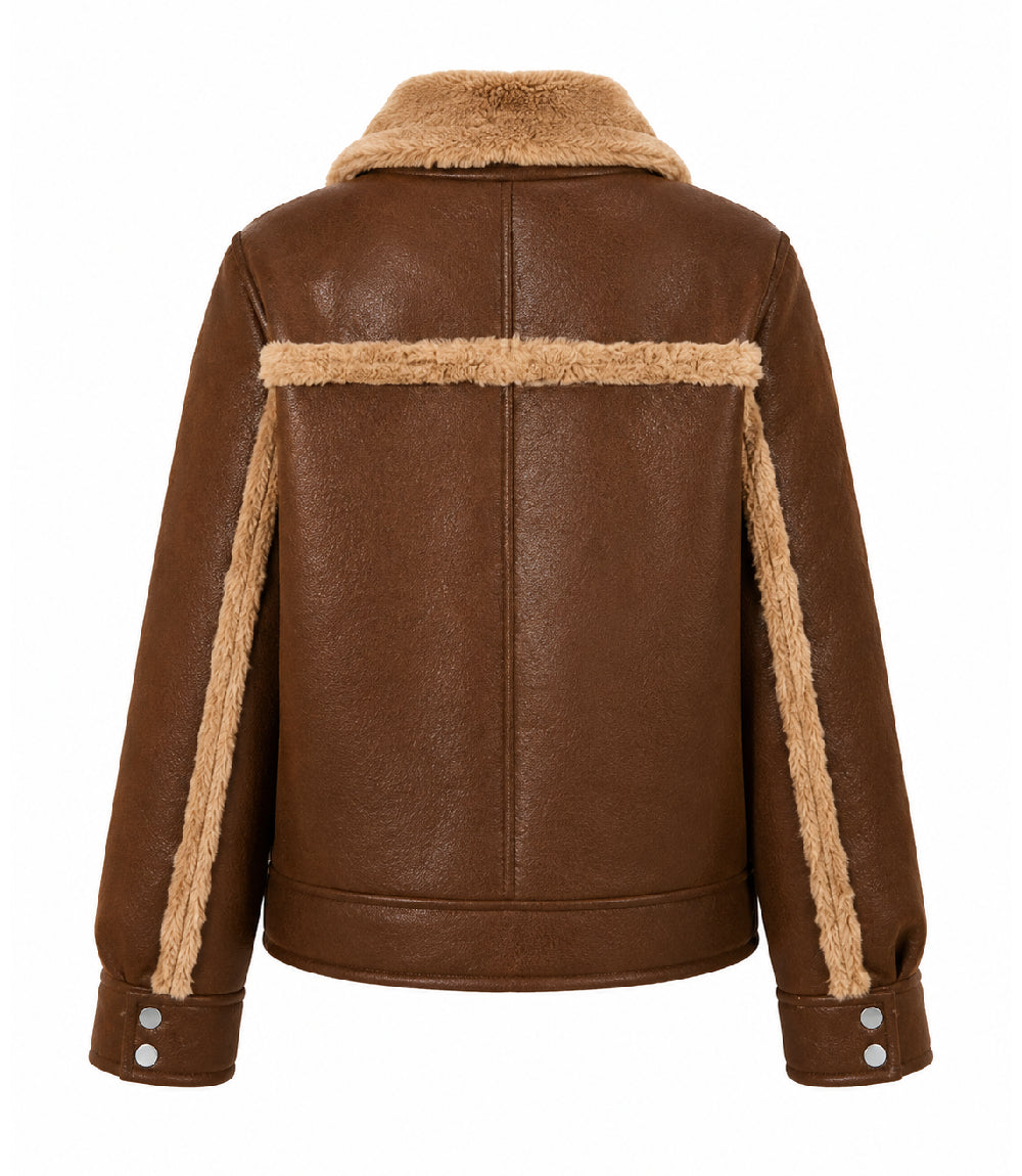 Women's Brown Faux Fur Detail Aviator Jacket Back - Jacket Aura