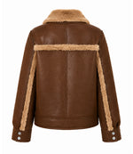 Women's Brown Faux Fur Detail Aviator Jacket Back - Jacket Aura