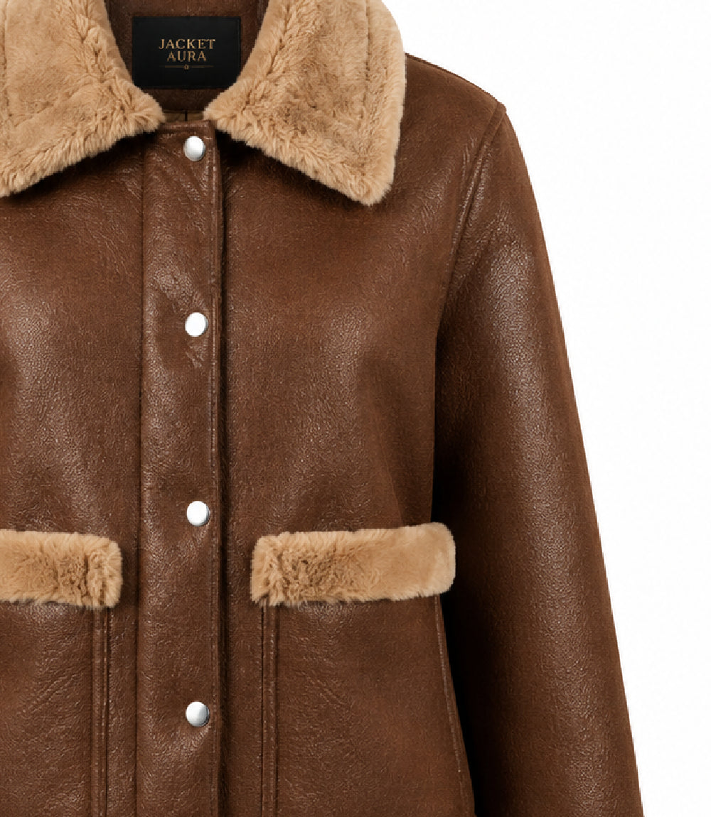 Women's Brown Faux Fur Detail Aviator Jacket Closeup  - Jacket Aura 
