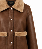 Women's Brown Faux Fur Detail Aviator Jacket Closeup  - Jacket Aura