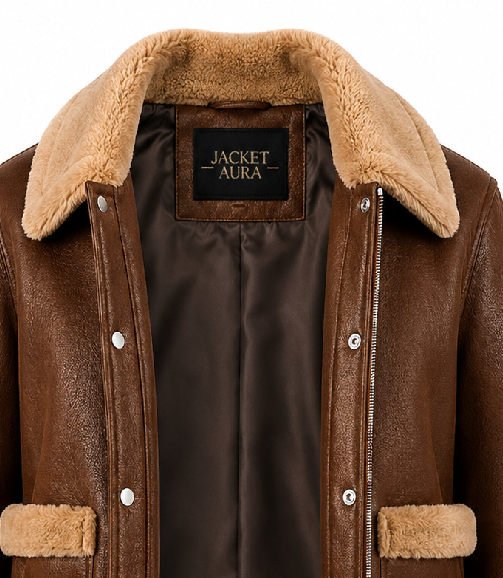 Women's Brown Faux Fur Detail Aviator Jacket Collar - Jacket Aura