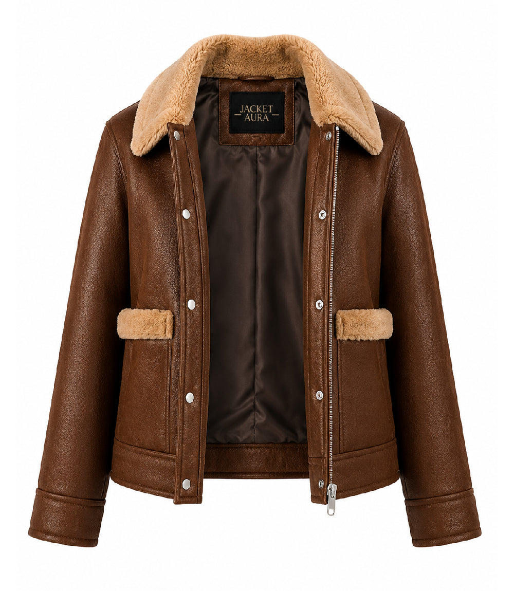 Women's Brown Faux Fur Detail Aviator Jacket Front  - Jacket Aura