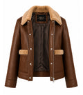 Women's Brown Faux Fur Detail Aviator Jacket Front  - Jacket Aura
