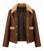 Women's Brown Faux Fur Detail Aviator Jacket Front  - Jacket Aura