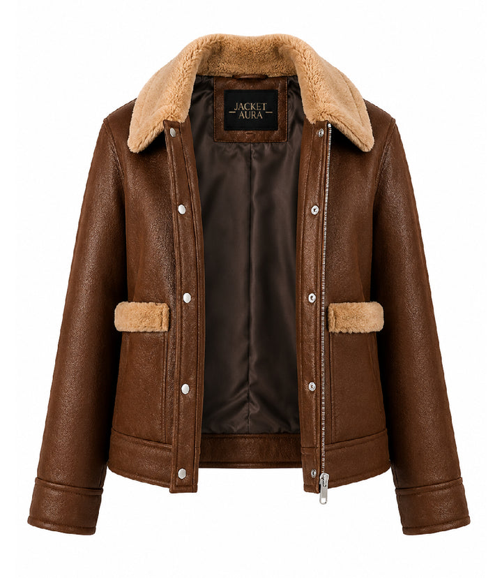 Women's Brown Faux Fur Detail Aviator Jacket Front  - Jacket Aura
