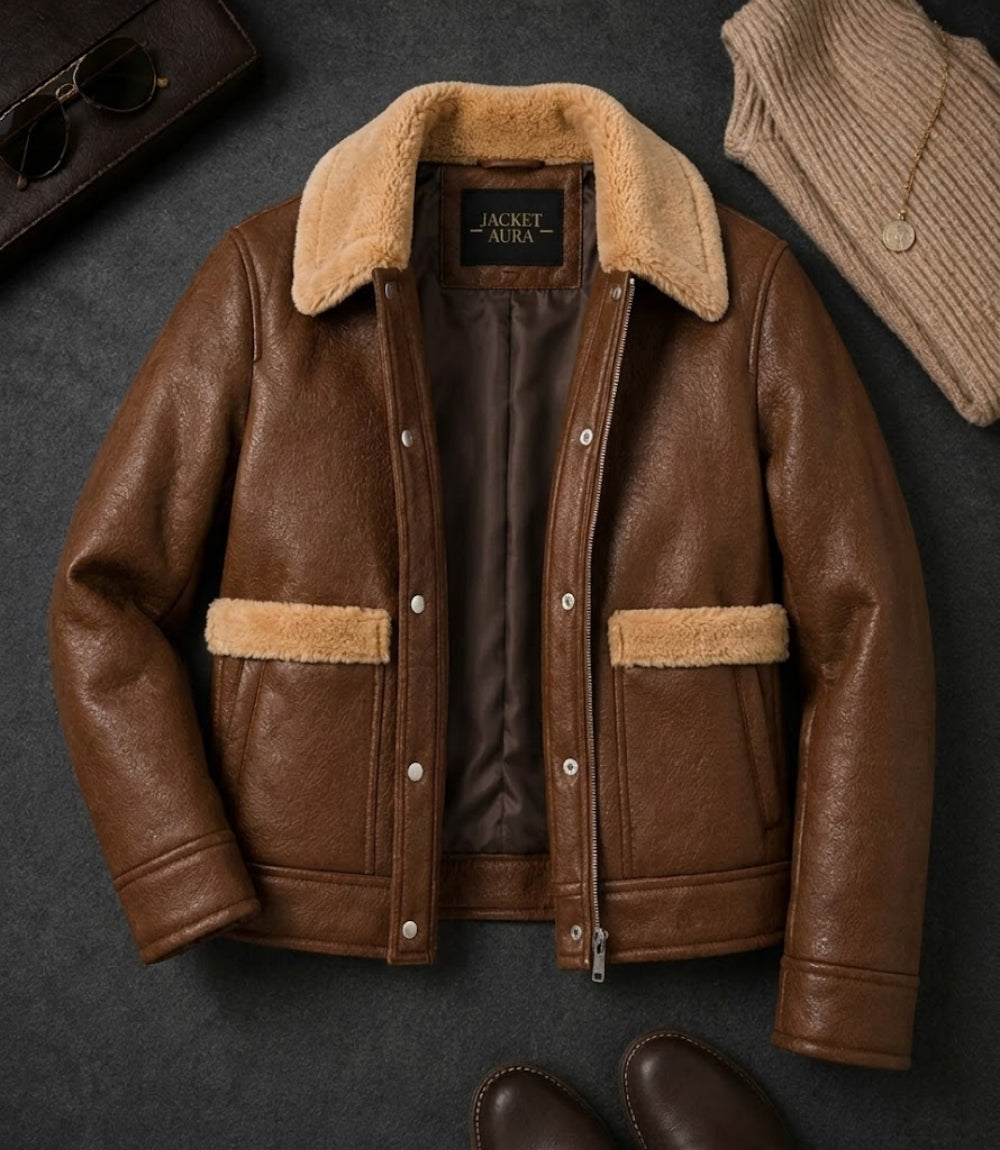 Women's Brown Faux Fur Detail Aviator Jacket Front View - Jacket Aura 
