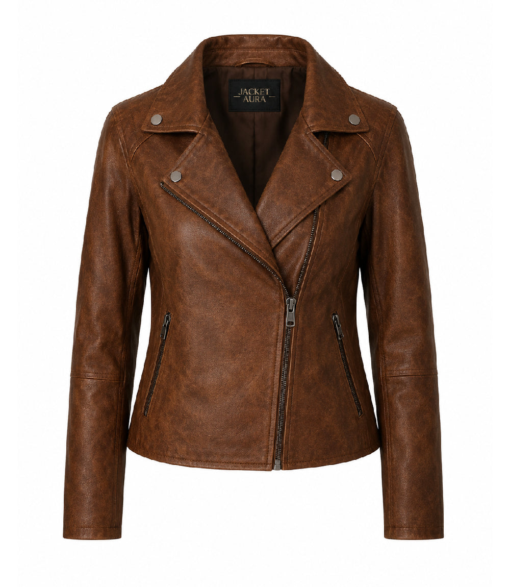 Women's Brown Leather Moto Jacket - Jacket Aura