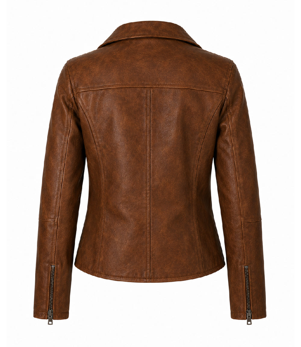 Women's Brown Leather Moto Jacket Back - Jacket Aura