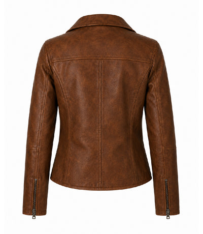 Women's Brown Leather Moto Jacket Back - Jacket Aura