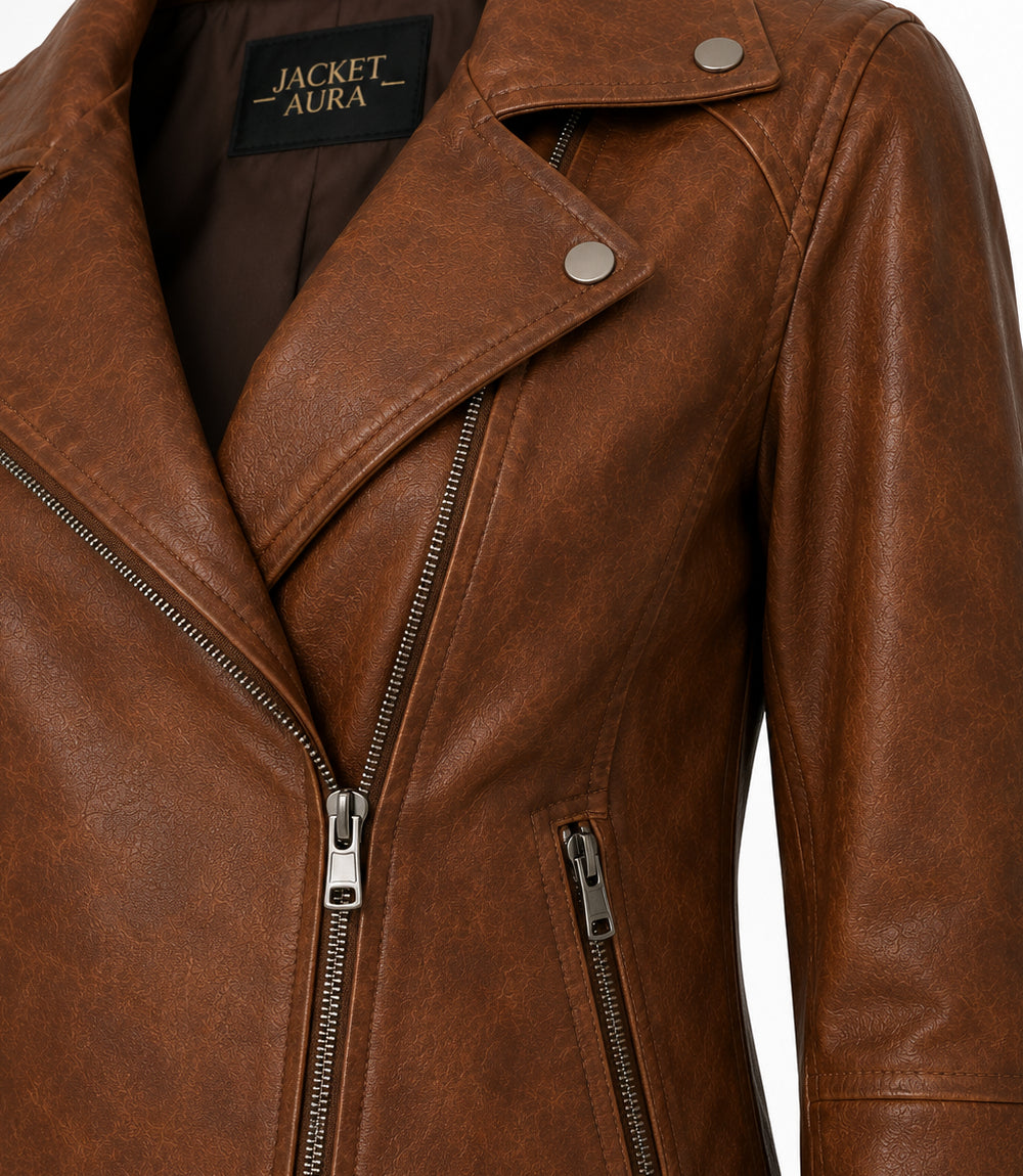 Women's Brown Leather Moto Jacket Closeup - Jacket Aura