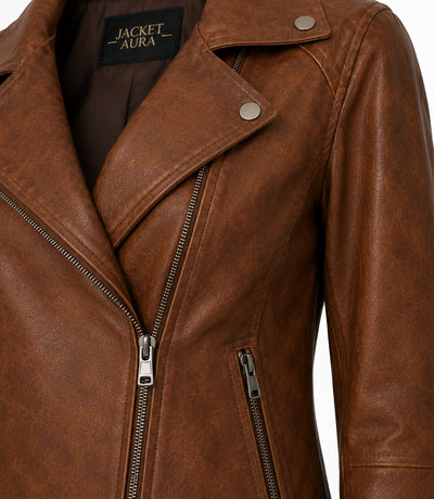 Women's Brown Leather Moto Jacket Closeup - Jacket Aura