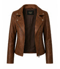 Women's Brown Leather Moto Jacket Front - Jacket Aura