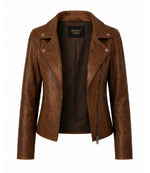 Women's Brown Leather Moto Jacket Front - Jacket Aura