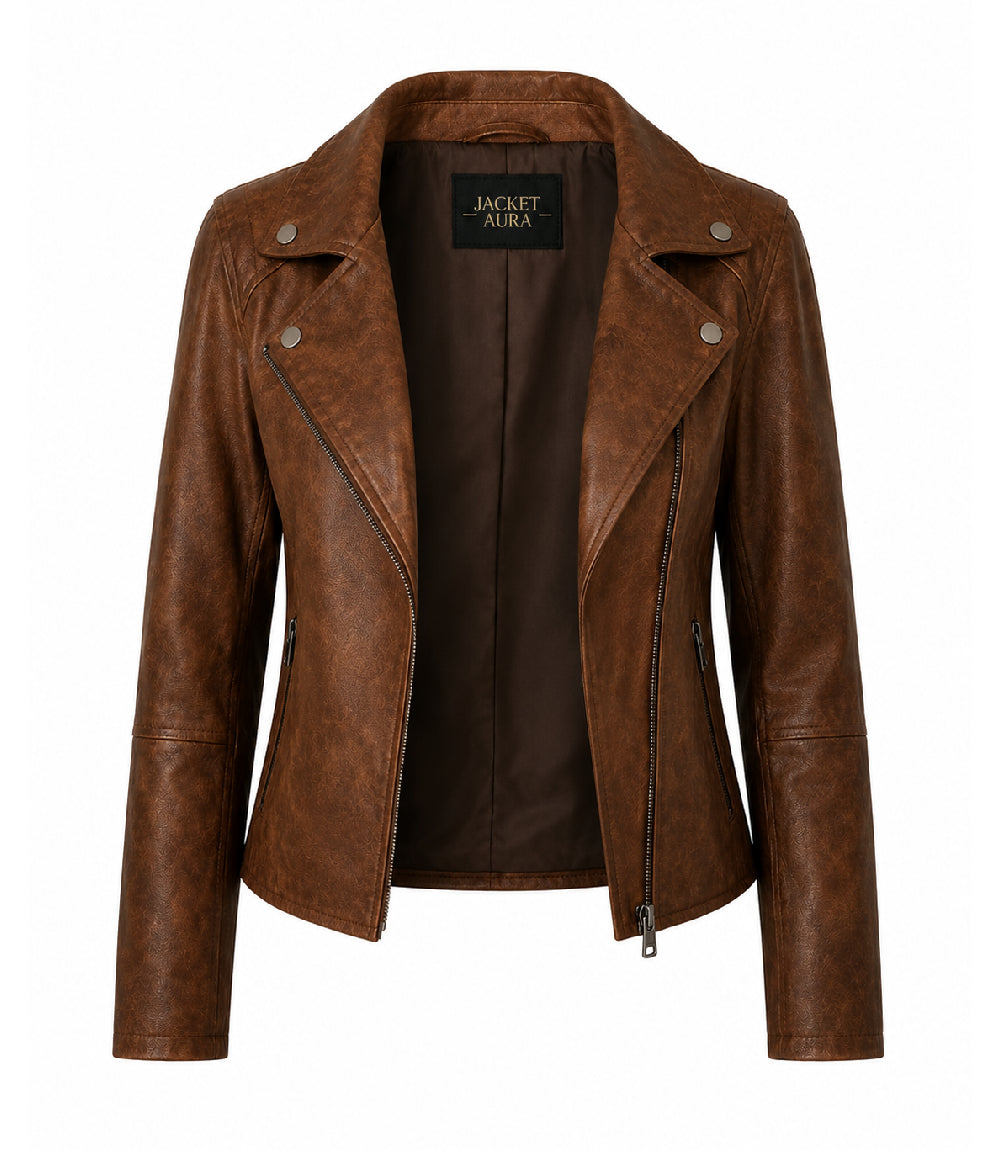 Women's Brown Leather Moto Jacket Front - Jacket Aura