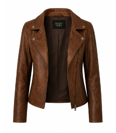 Women's Brown Leather Moto Jacket Front - Jacket Aura