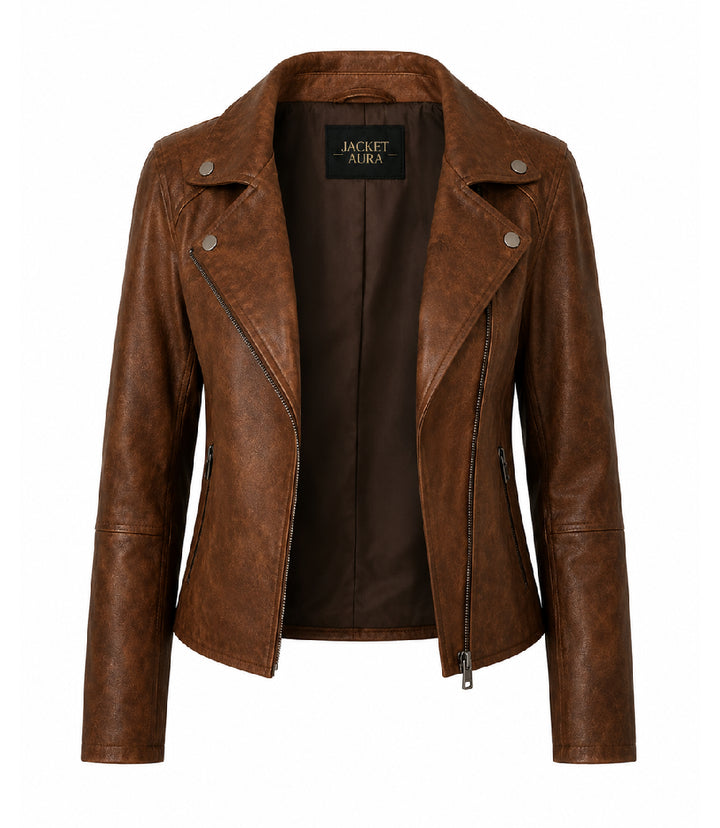 Women's Brown Leather Moto Jacket Front - Jacket Aura