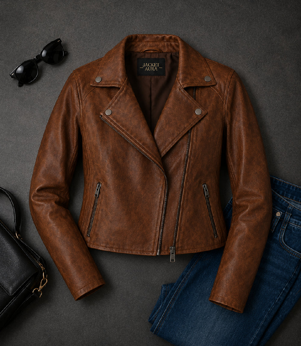 Women's Brown Leather Moto Jacket Front View - Jacket Aura