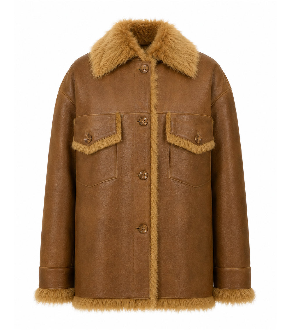 Womens Brown Shearling Fur Lined Leather Jacket - Jacket Aura