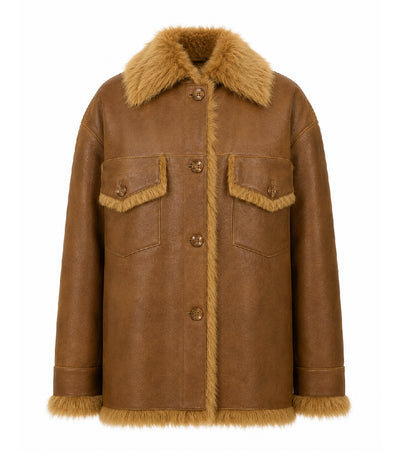 Womens Brown Shearling Fur Lined Leather Jacket - Jacket Aura