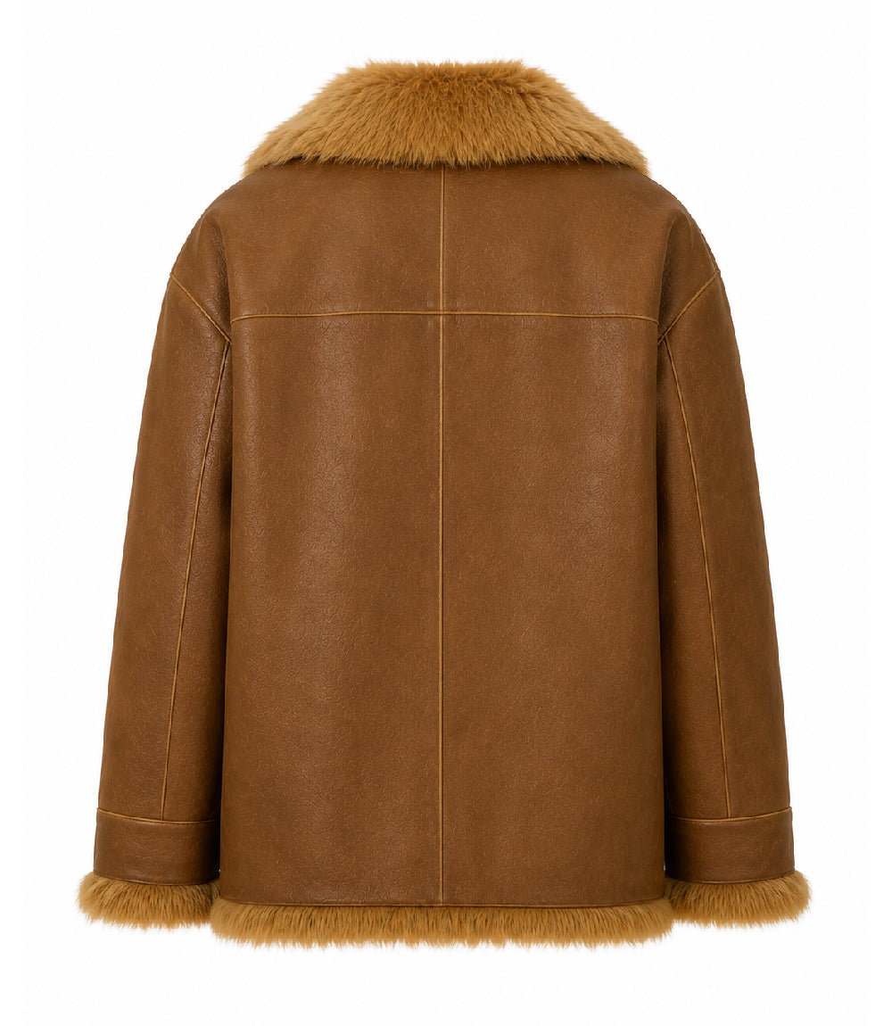 Womens Brown Shearling Fur Lined Leather Jacket Back - Jacket Aura