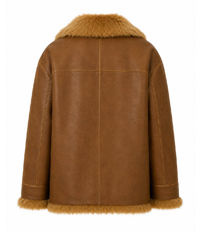 Womens Brown Shearling Fur Lined Leather Jacket Back - Jacket Aura