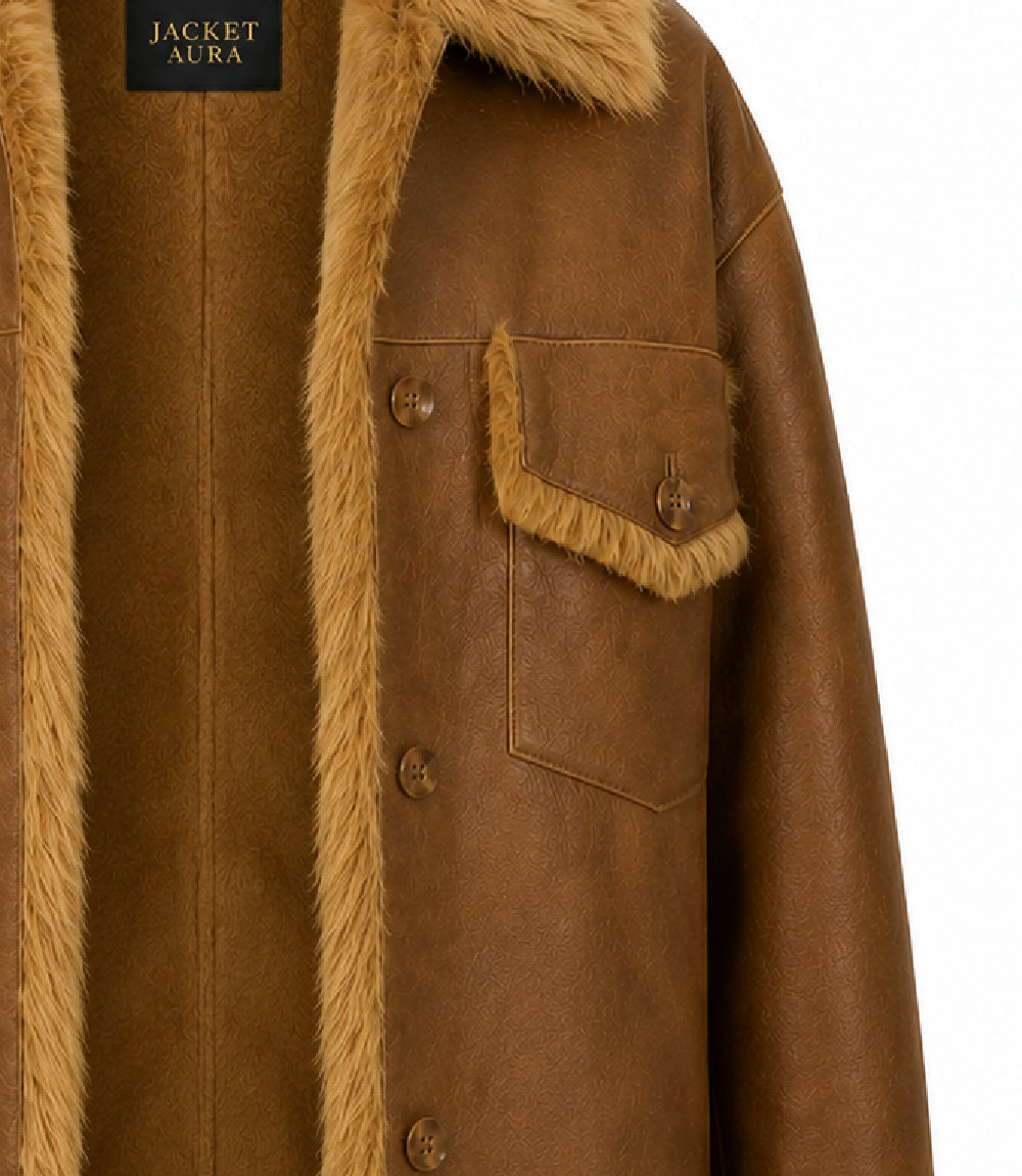 Womens Brown Shearling Fur Lined Leather Jacket Closeup - Jacket Aura