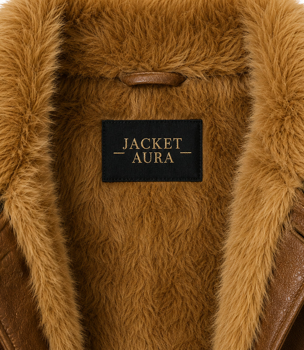 Womens Brown Shearling Fur Lined Leather Jacket Collar - Jacket Aura