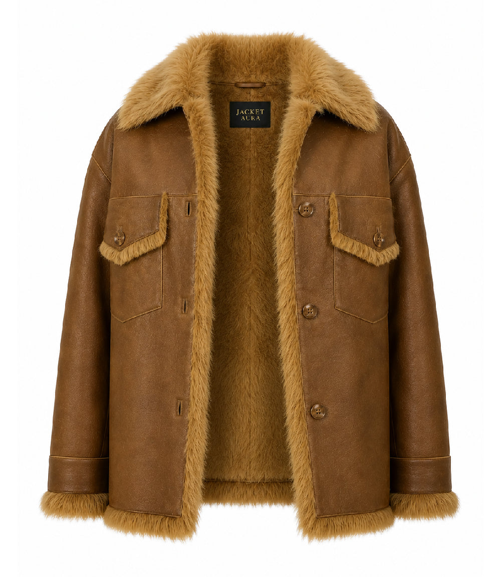 Womens Brown Shearling Fur Lined Leather Jacket Front - Jacket Aura