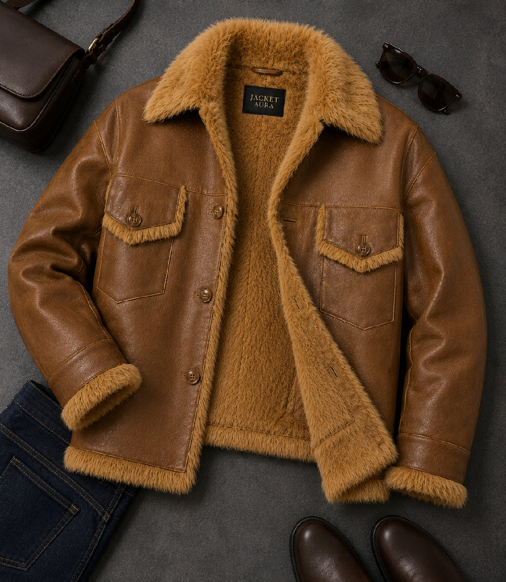 Womens Brown Shearling Fur Lined Leather Jacket Front View - Jacket Aura