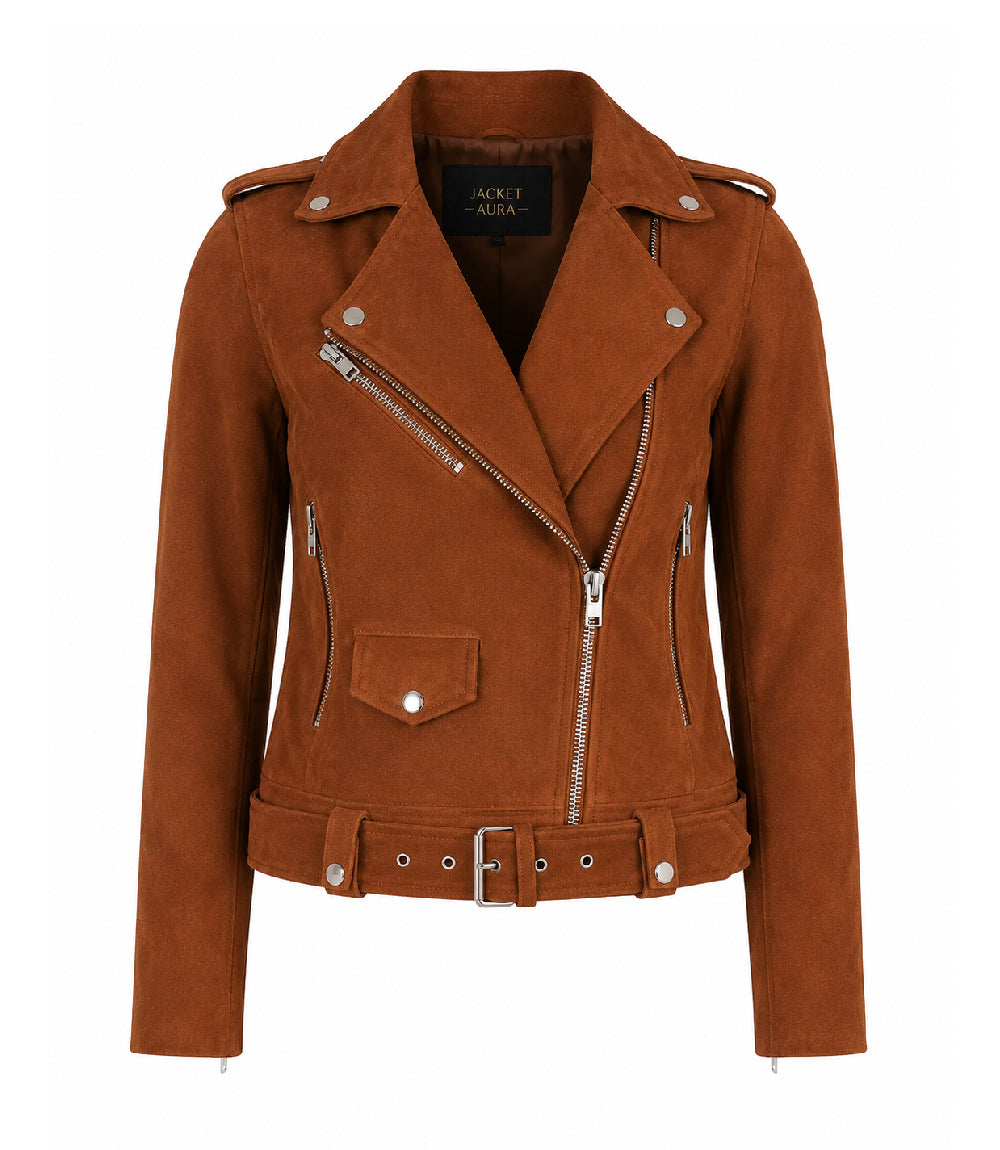 Women's Brown Suede Biker Jacket - Jacket Aura