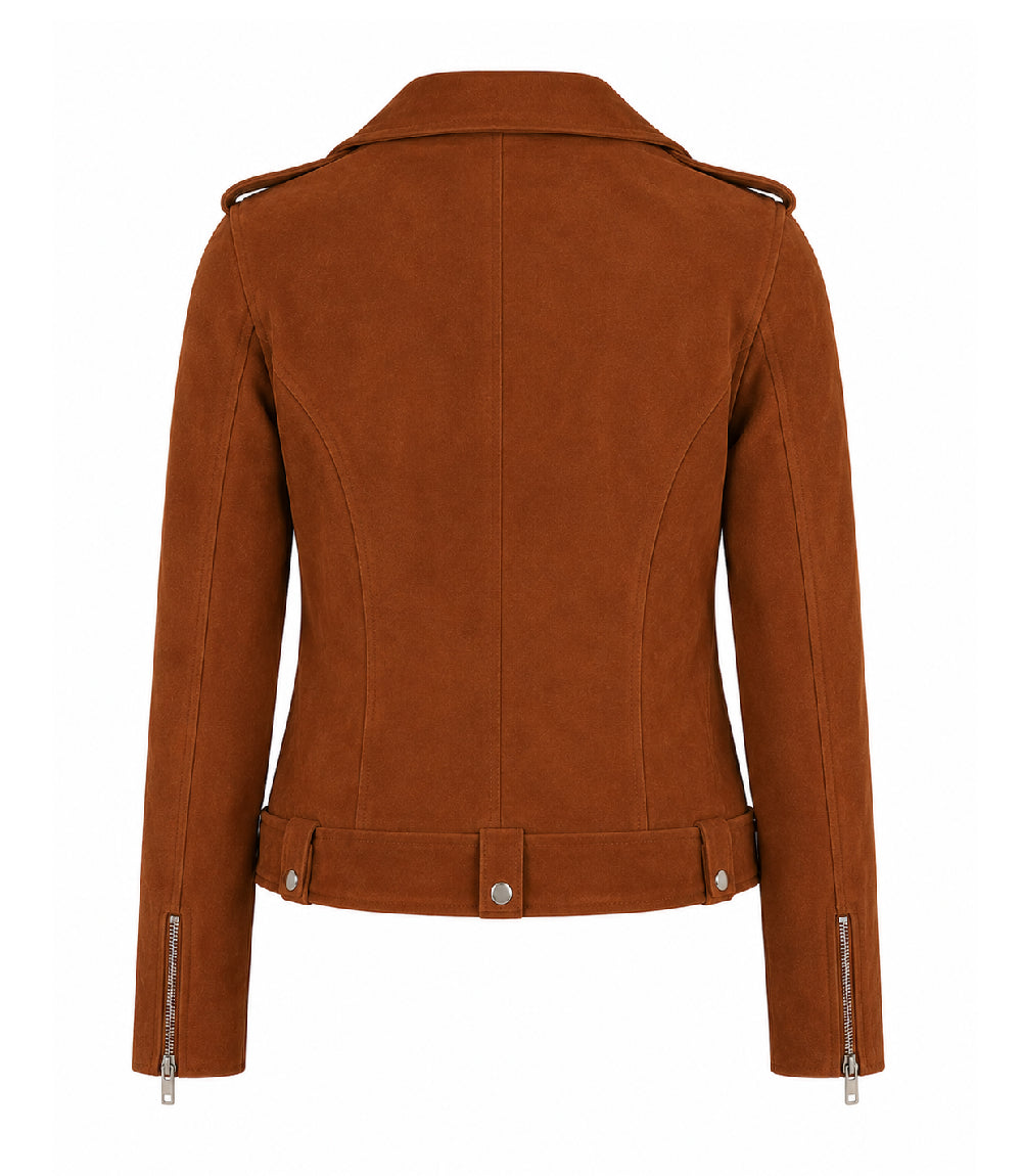 Women's Brown Suede Biker Jacket Back - Jacket Aura