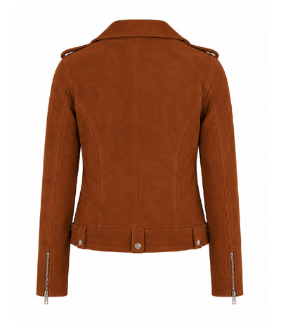 Women's Brown Suede Biker Jacket Back - Jacket Aura
