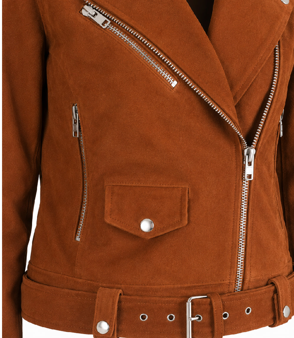 Women's Brown Suede Biker Jacket Closeup - Jacket Aura