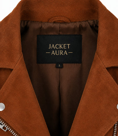Women's Brown Suede Biker Jacket Collar - Jacket Aura