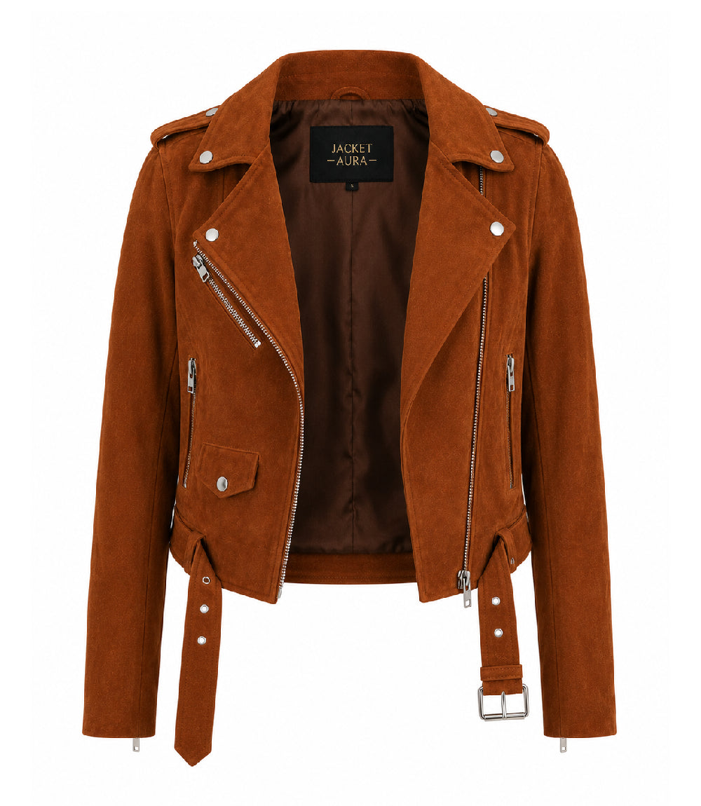 Women's Brown Suede Biker Jacket Front - Jacket Aura