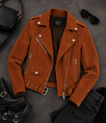 Women's Brown Suede Biker Jacket Front View - Jacket Aura