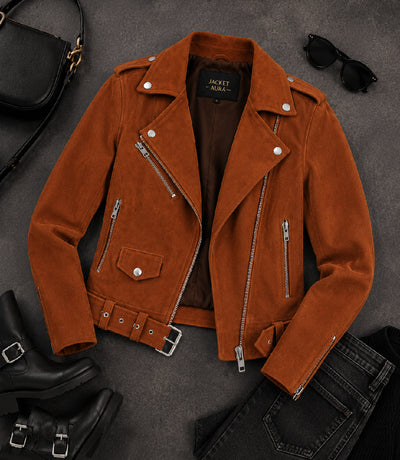 Women's Brown Suede Biker Jacket Front View - Jacket Aura