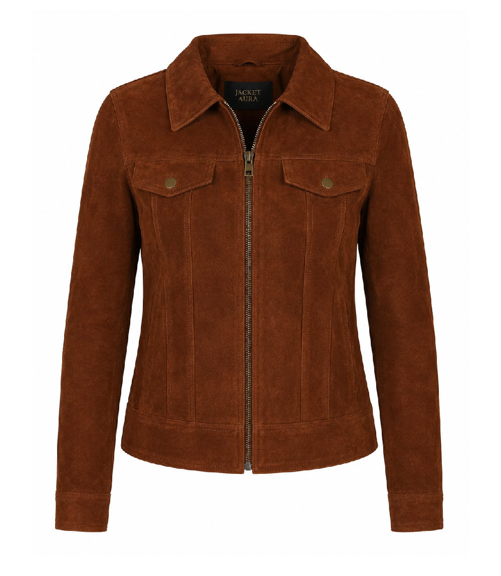 Women's Brown Suede Trucker Jacket - Jacket Aura