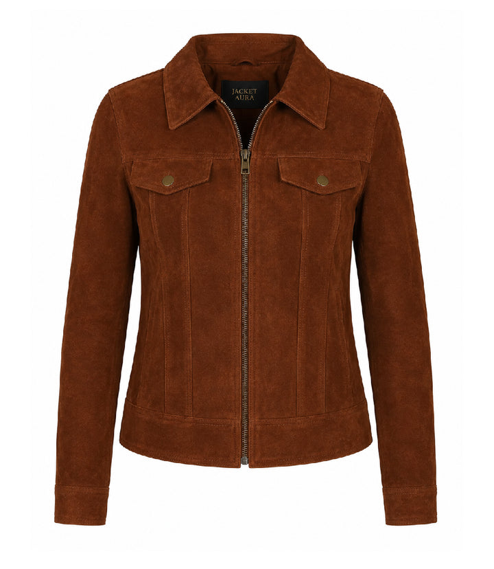 Women's Brown Suede Trucker Jacket - Jacket Aura