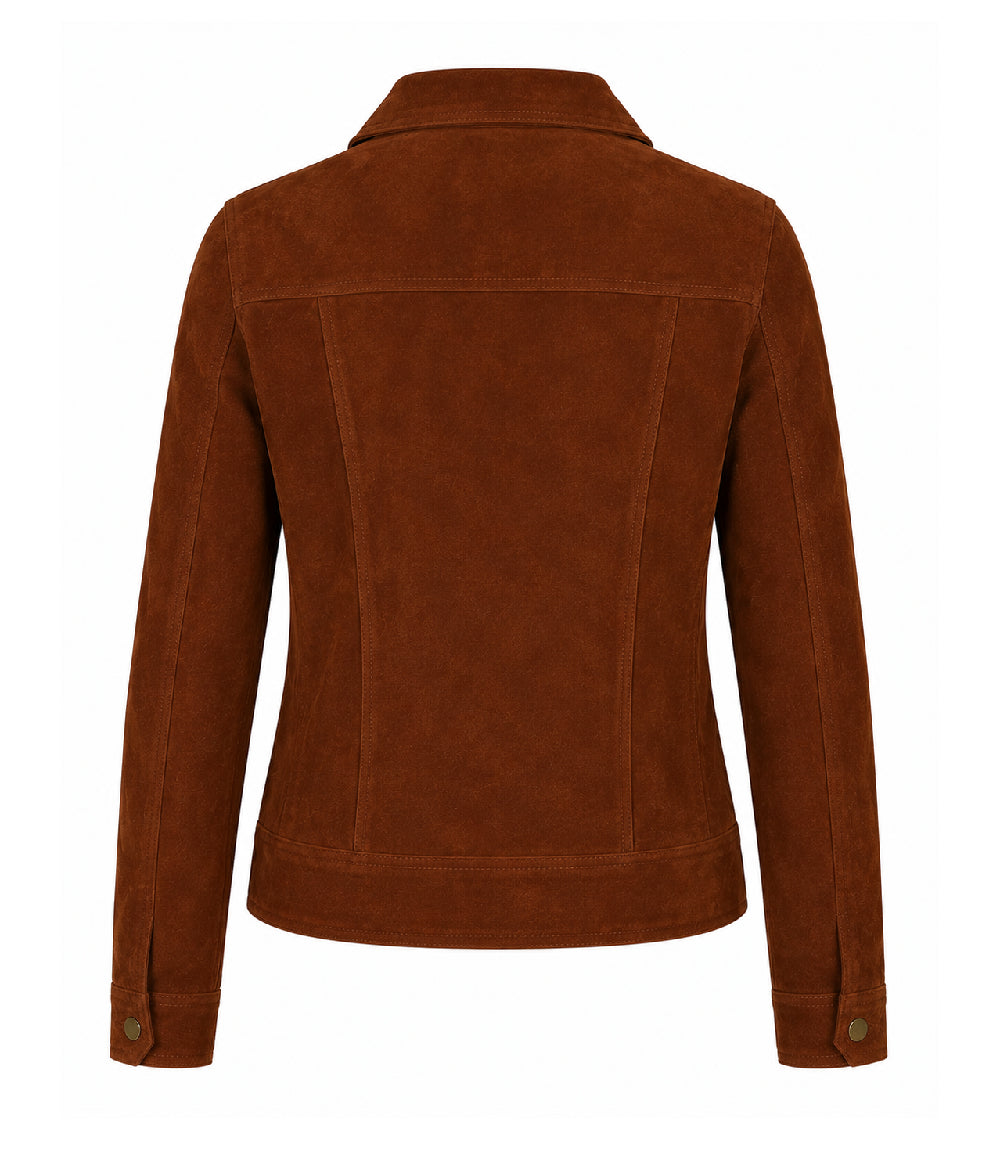 Women's Brown Suede Trucker Jacket Back - Jacket Aura
