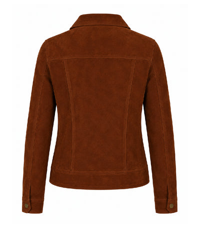 Women's Brown Suede Trucker Jacket Back - Jacket Aura