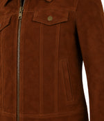 Women's Brown Suede Trucker Jacket Closeup - Jacket Aura